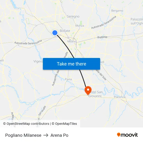 Pogliano Milanese to Arena Po map