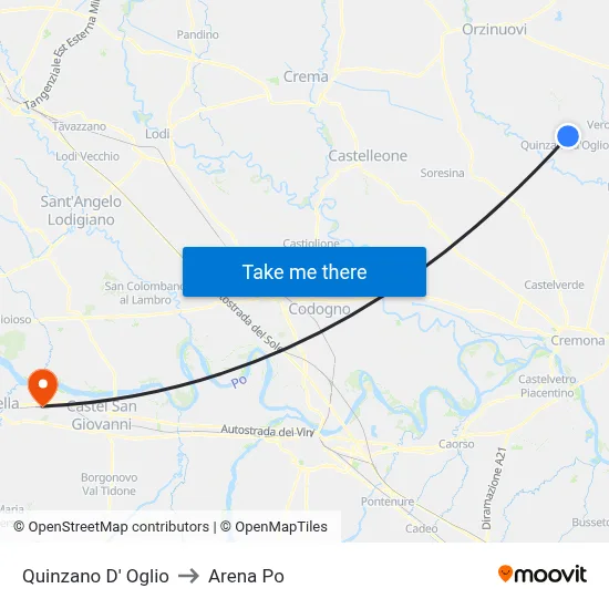 Quinzano D' Oglio to Arena Po map
