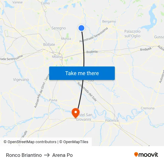 Ronco Briantino to Arena Po map