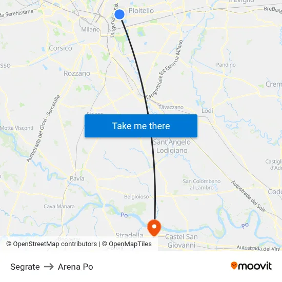 Segrate to Arena Po map