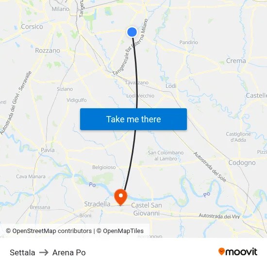 Settala to Arena Po map