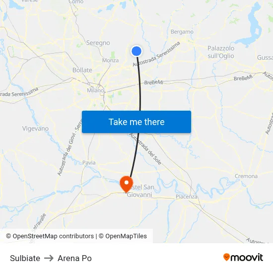 Sulbiate to Arena Po map