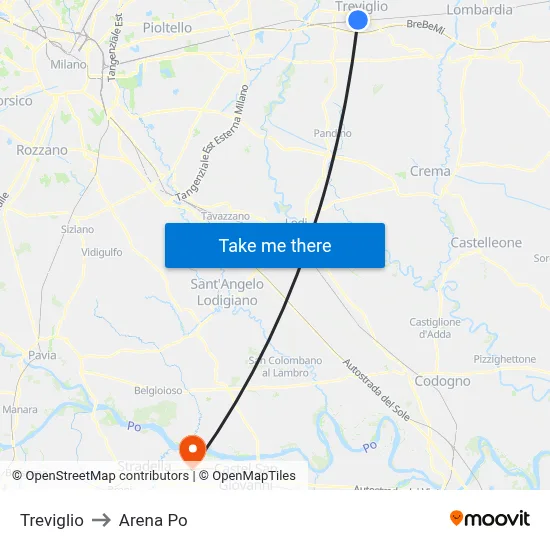 Treviglio to Arena Po map