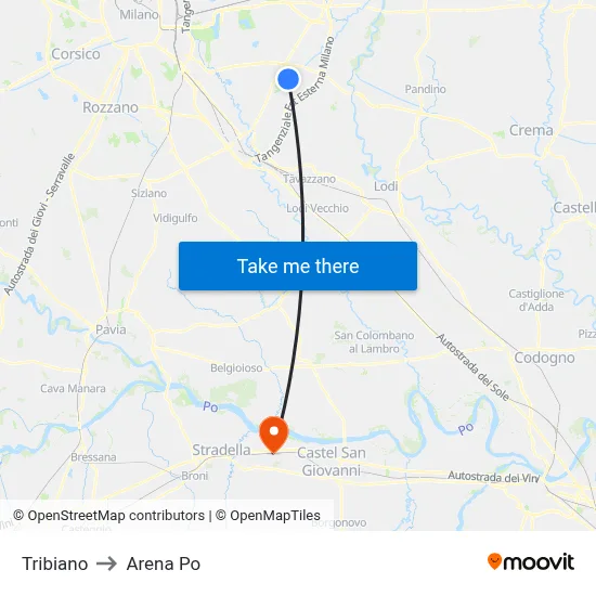 Tribiano to Arena Po map