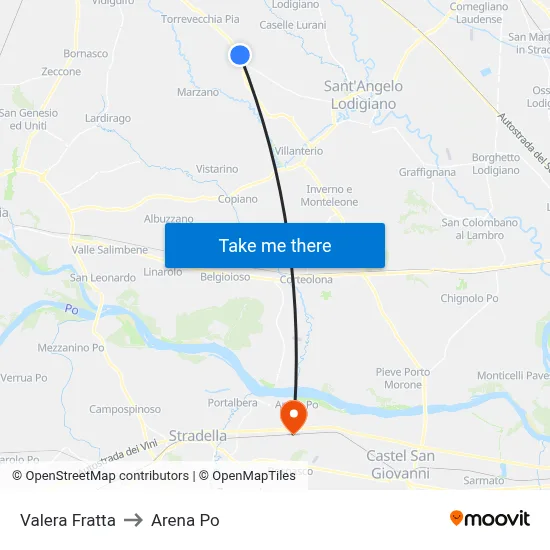 Valera Fratta to Arena Po map