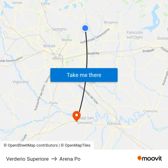 Verderio Superiore to Arena Po map