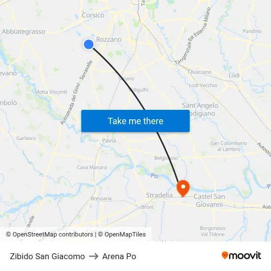 Zibido San Giacomo to Arena Po map