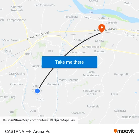 Castana to Arena Po map