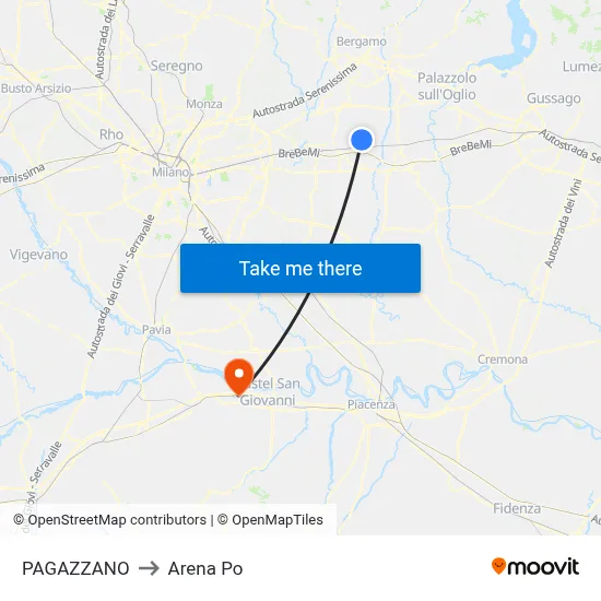 Pagazzano to Arena Po map