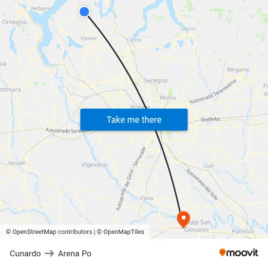 Cunardo to Arena Po map