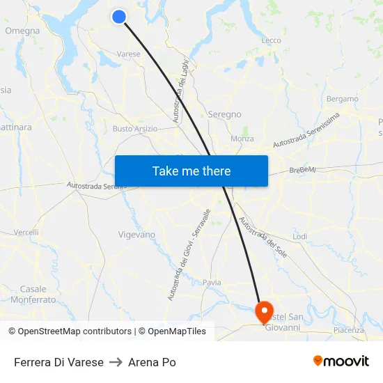 Ferrera Di Varese to Arena Po map