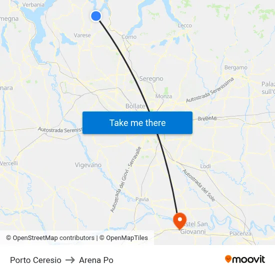 Porto Ceresio to Arena Po map