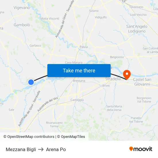 Mezzana Bigli to Arena Po map
