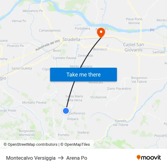 Montecalvo Versiggia to Arena Po map