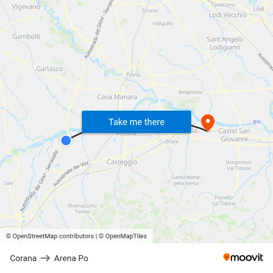Corana to Arena Po map