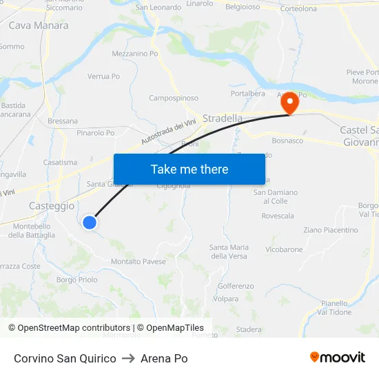 Corvino San Quirico to Arena Po map