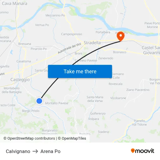 Calvignano to Arena Po map