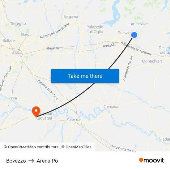 Bovezzo to Arena Po map