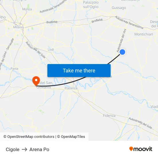 Cigole to Arena Po map
