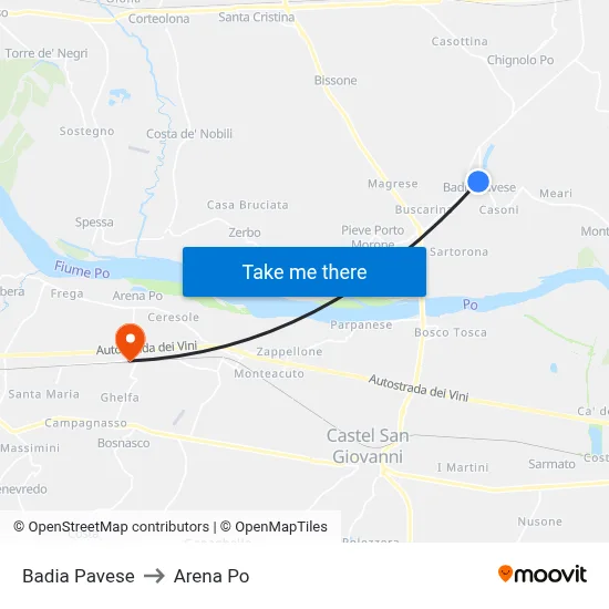 Badia Pavese to Arena Po map