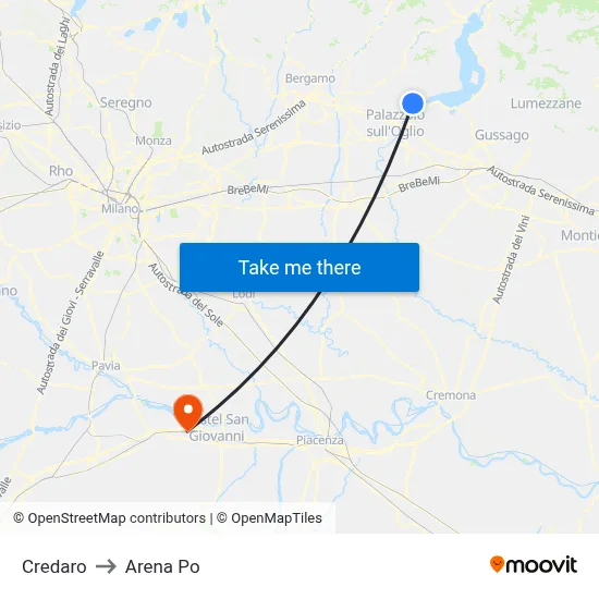 Credaro to Arena Po map