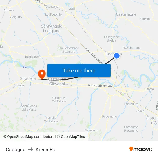 Codogno to Arena Po map