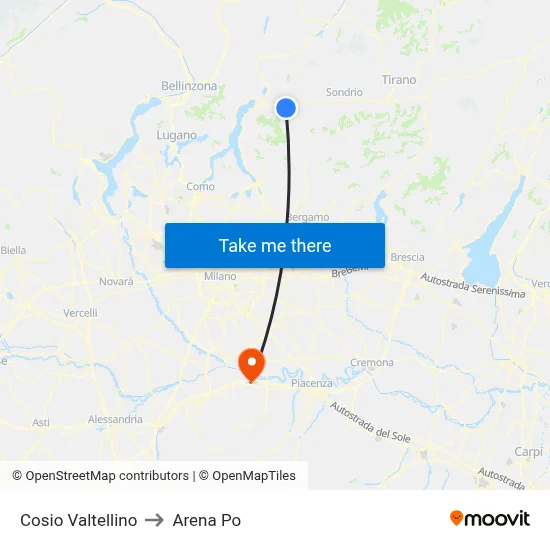 Cosio Valtellino to Arena Po map