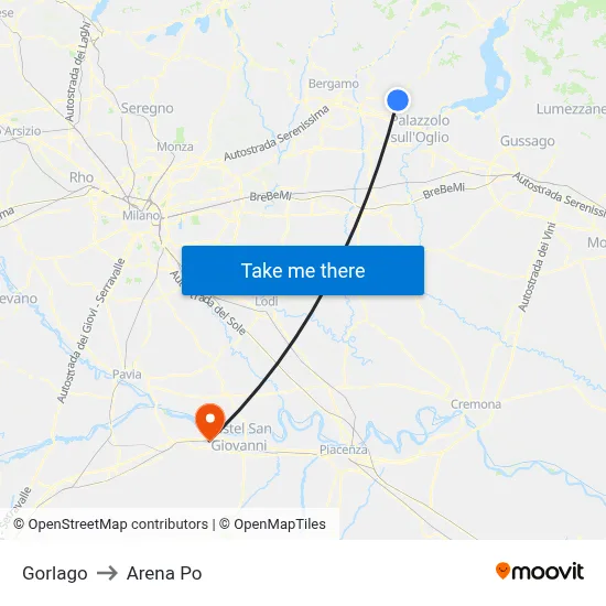 Gorlago to Arena Po map