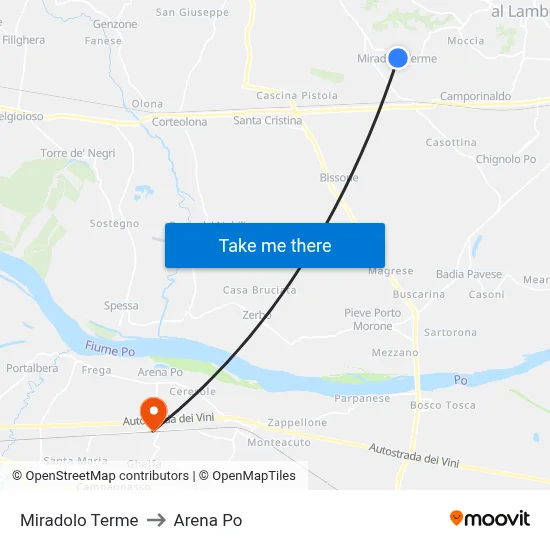 Miradolo Terme to Arena Po map