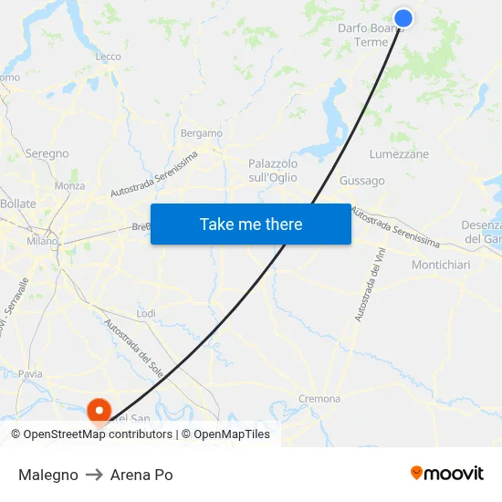 Malegno to Arena Po map