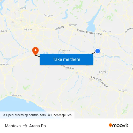 Mantova to Arena Po map