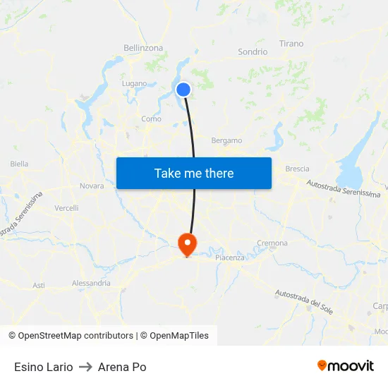 Esino Lario to Arena Po map