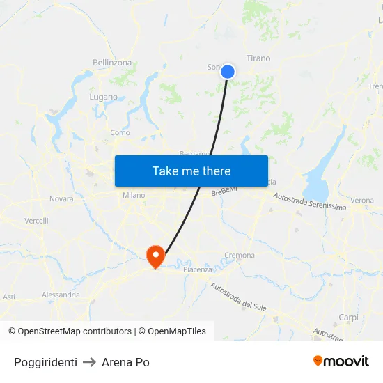 Poggiridenti to Arena Po map