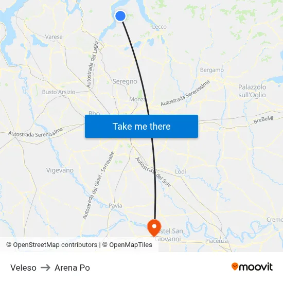Veleso to Arena Po map