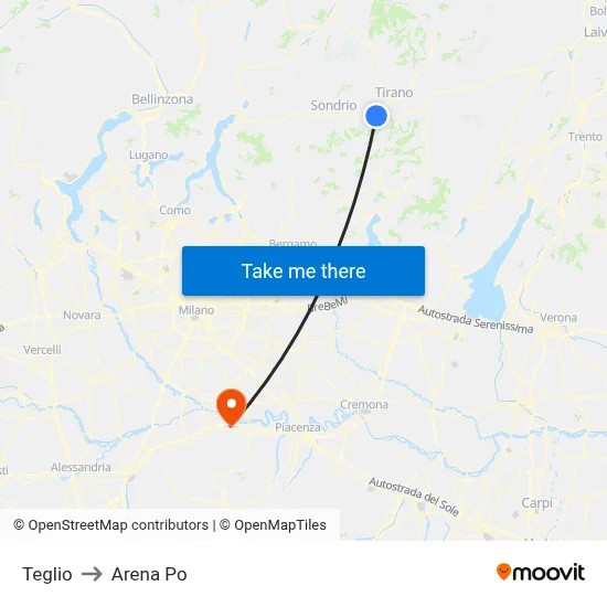 Teglio to Arena Po map