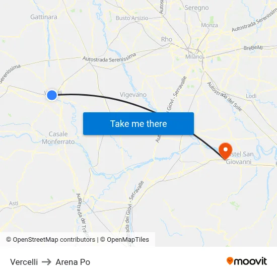 Vercelli to Arena Po map