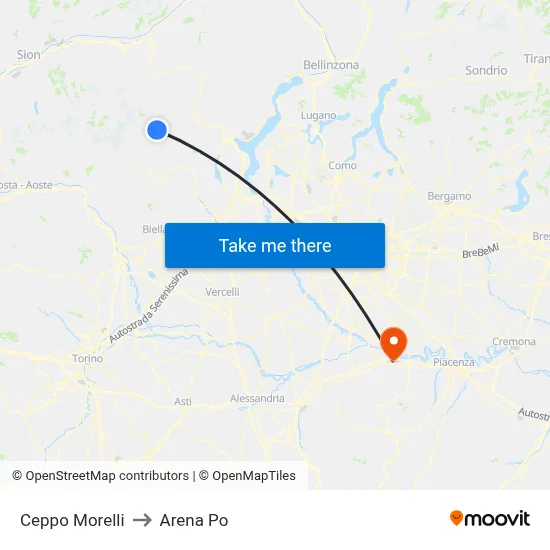 Ceppo Morelli to Arena Po map
