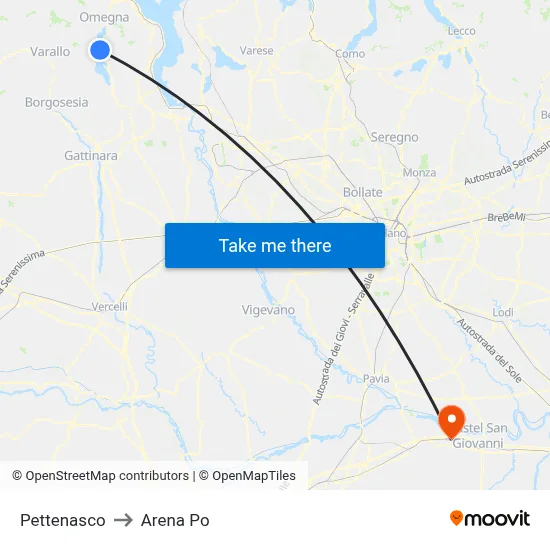 Pettenasco to Arena Po map