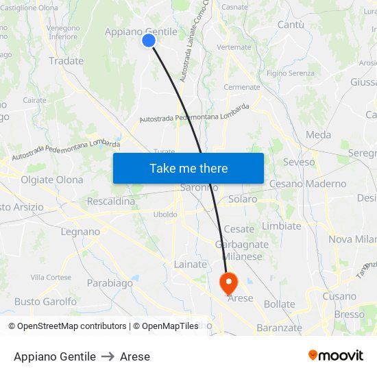 Appiano Gentile to Arese map
