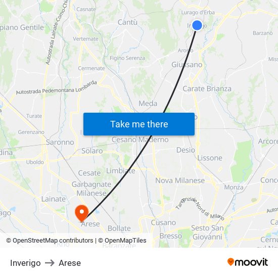 Inverigo to Arese map