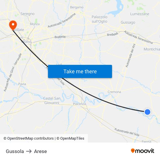 Gussola to Arese map