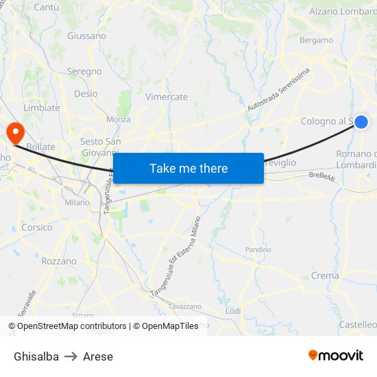 Ghisalba to Arese map