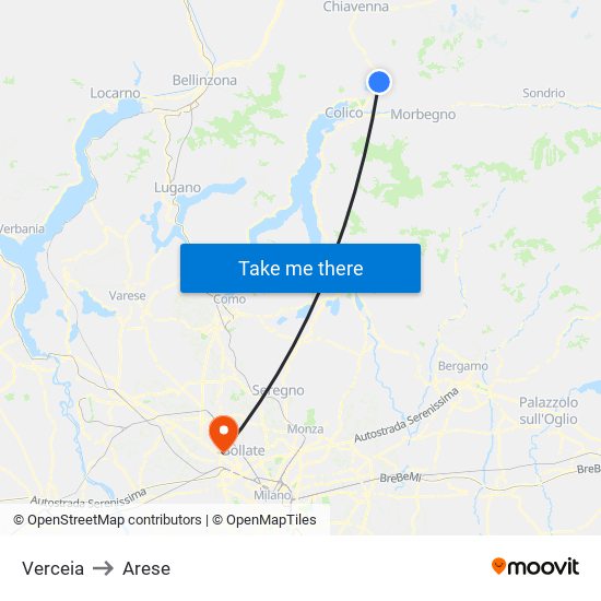 Verceia to Arese map