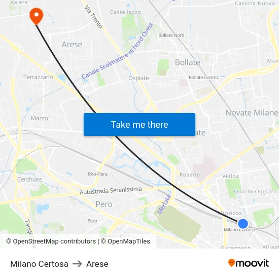 Milano Certosa to Arese map