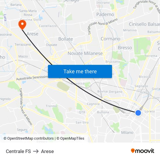 Centrale FS to Arese map