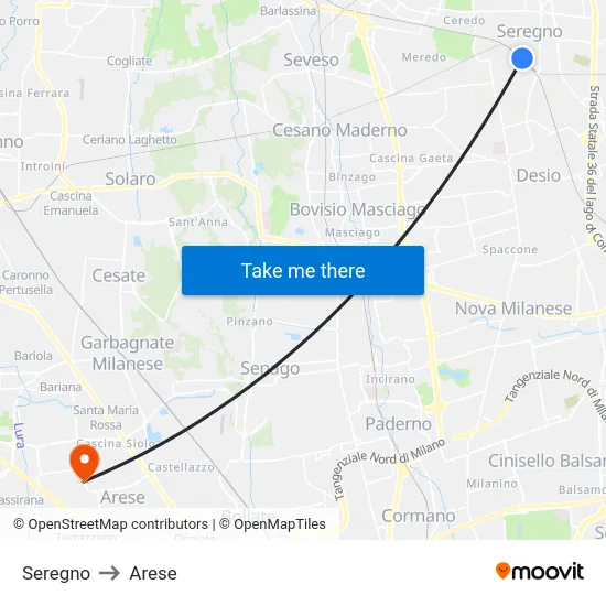 Seregno to Arese map