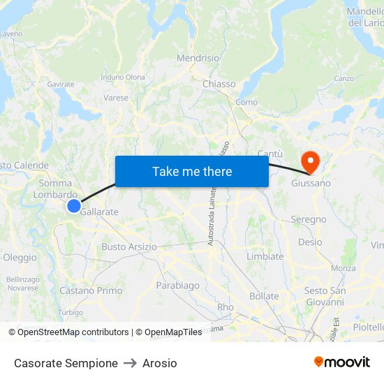 Casorate Sempione to Arosio map