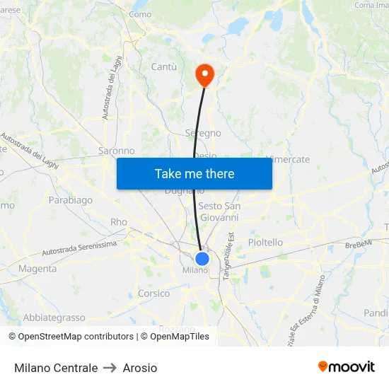 Milan Central to Arosio map