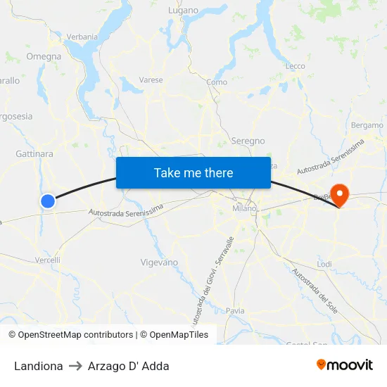 Landiona to Arzago d'Adda map
