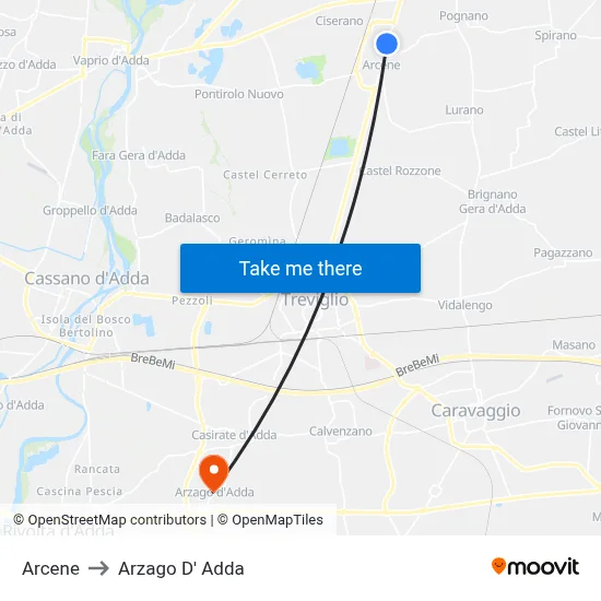 Arcene to Arzago d'Adda map